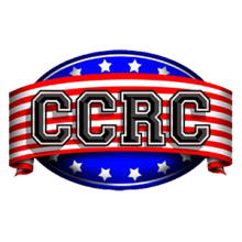 CCRC on red and white stripes with oval white stars on blue