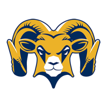 a gold and blue rams head