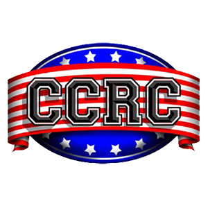 CCRC on red and white stripes with oval white stars on blue