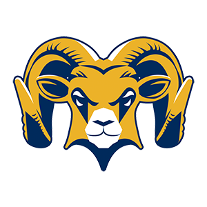 a gold and blue rams head