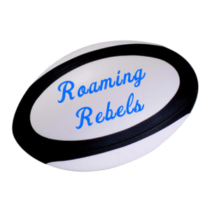 blue script on a black and white rugby ball