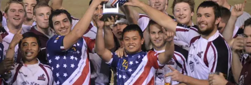 University of Massachusetts team celebrates after victory at URugby Bowl Series