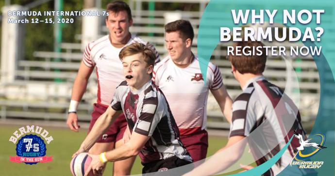 college players pass rugby ball in Bermuda 7s tournament